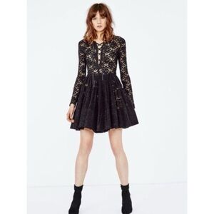NWT Few Moda Black Lace Long Sleeve Mini Dress Skater Skirt Tie Front